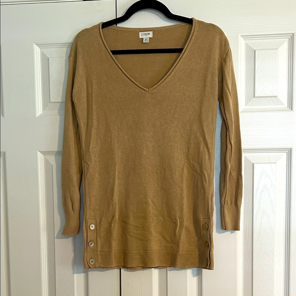 J. Crew Camel V-Neck Linen-Cotton Blend Sweater